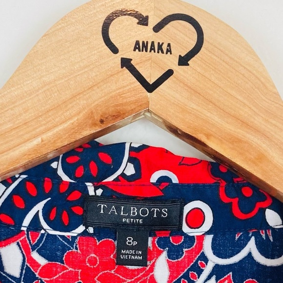 Talbots paisley poplin picnic button front shirt dress in red white and blue. 8P - Picture 6 of 8